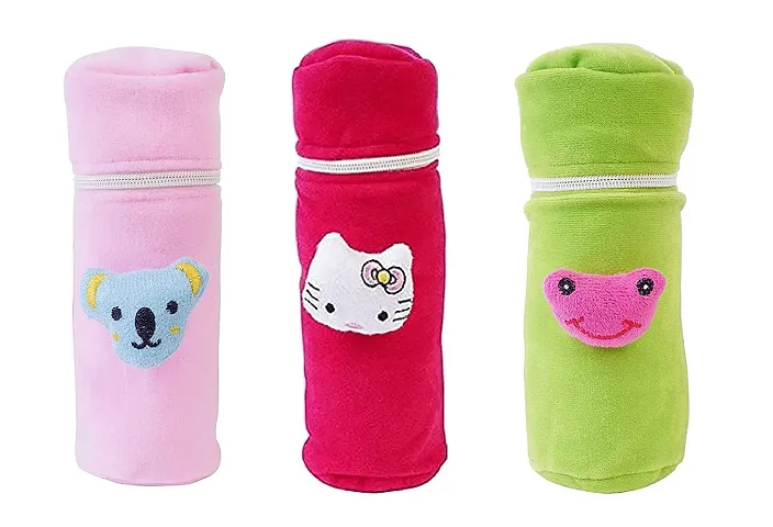 Da Anushi Soft Plush Stretchable Baby Feeding Bottle Cover with Attractive Cartoon Design & Easy to Hold Strap for Newborn Babies-Pack of 3 | Suitable for 130-250 ML