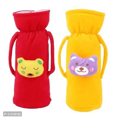 Da Anushi Soft Plush Stretchable Baby Feeding Handle Bottle Cover with Attractive Cartoon Design & Easy to Hold Strap for Newborn Babies, Suitable for 125-250 ML Bottle (Pack of 2, Rani Yellow)-thumb0