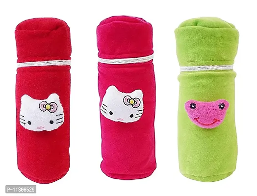 Da Anushi Soft Plush Stretchable Baby Feeding Bottle Cover with Attractive Cartoon Design & Easy to Hold Strap for Newborn Babies-Pack of 3 | Suitable for 130-250 ML (Red,Pink,Green)