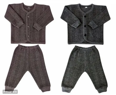 Da Anushi Baby Winterwear Ultra-Warm Super Soft Milanch Round Neck, Full Sleeves, Button Thermal Top and Pyjama Set/Winter Wear Suit For Baby Boy's & Baby Girl's (Grey, Brown, 06-9 Months)