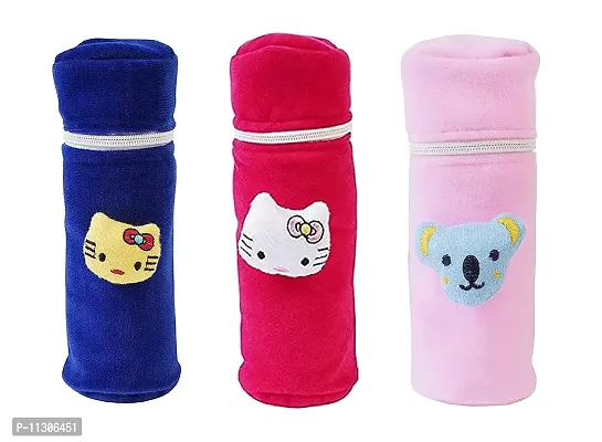 Da Anushi Soft Plush Stretchable Baby Feeding Bottle Cover with Attractive Cartoon Design & Easy to Hold Strap for Newborn Babies-Pack of 3 | Suitable for 130-250 ML (Blue,Pink,BabyPink)