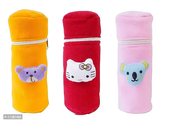 Da Anushi Soft Plush Stretchable Baby Feeding Bottle Cover with Attractive Cartoon Design & Easy to Hold Strap for Newborn Babies-Pack of 3 | Suitable for 130-250 ML (Yellow,Red,BabyPink)