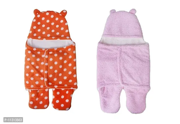 Da Anushi Baby Hooded Supersoft Wearable Wrapper/ Blanket/Safety & Sleeping Bag All Season Blanket for Newborn & Toddler-Pack of 2 (Dot Orange Baby Pink)-thumb0