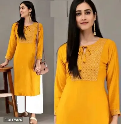 Elegant Yellow Rayon Embroidered Kurta For Women-thumb0