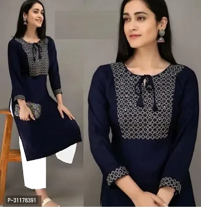 Elegant Navy Blue Rayon Embroidered Kurta For Women-thumb0