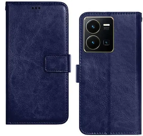 Cloudza Vivo Y35 Flip Back Cover | PU Leather Flip Cover Wallet Case with TPU Silicone Case Back Cover for Vivo Y35 Blue