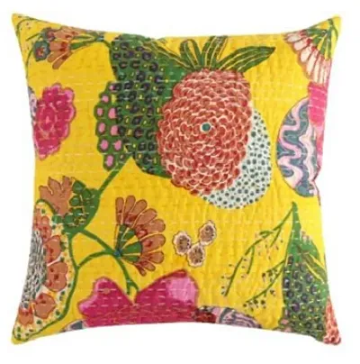 Ayesha Enterprise Creations Sofa Throw Square Kantha Cotton Cushion Cover (Yellow, 16 X 16 Inches) - Set of 1 Pieces