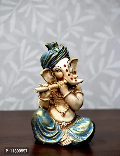 Craft Junction Antique Finish Lord Ganesha Playing Basuri for Decorative Purpose Decorative Showpiece - 15 cm (Polyresin, Multicolor)