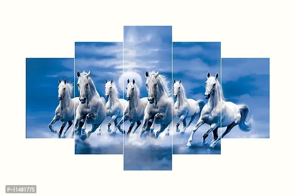 Craft Junction Lucky Seven Running Horses Art Print Design Set of 5 MDF Self Adhesive Panel Digital Reprint For Home D?cor,Wall D?cor Painting (17 inch x 30 inch)