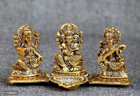 CraftJunction Handpainted Lord Ganesha,Lakshmi and Saraswati with Diya Decorative Decorative Showpiece - 11 cm (Metal, Gold)