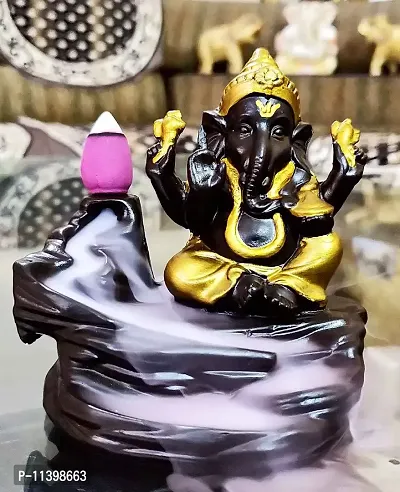 Microfiber Lord Ganesha Smoke Backflow Cone Incense Holder Showpiece, 4 x 5, Gold, 10 Smoke Backflow Scented Cone Incenses