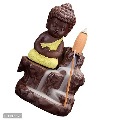 CraftJunction Meditating Monk Buddha Smoke Backflow Cone Incense Decorative Showpiece with 10 Smoke Backflow Cone Incenses (Yellow)-thumb2