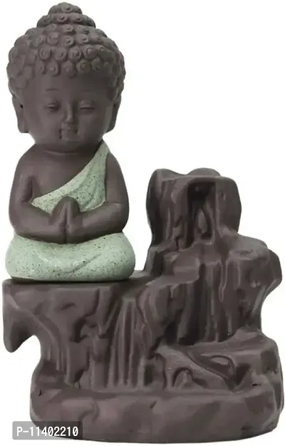 Craft Junction Handcrafted Meditating Little Baby Monk Buddha Smoke Backflow Cone Incense Holder with 10 Sticks-thumb2