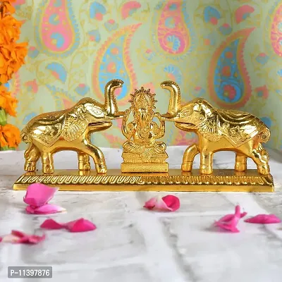 CraftJunction Handcrafted Metal Lord Ganesha Roli Chawal Box with Elephant Decorative Showpiece (7 cm, Golden)