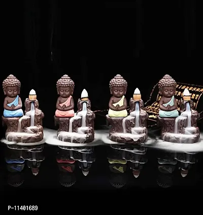 Craft Junction Handcrafted Set of 4 Meditating Little Baby Monk Buddha Smoke Backflow Cone Incense Holder with 40 Incense Cones