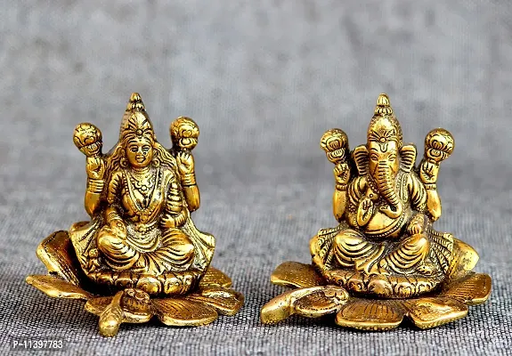 CraftJunction Handcrafted Decorative Lord Lakshmi Ganesha On Lotus Decorative Showpiece - 21 cm (Metal, Gold)