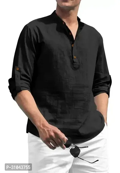 Reliable Black Cotton Linen Solid Kurta For Men-thumb0