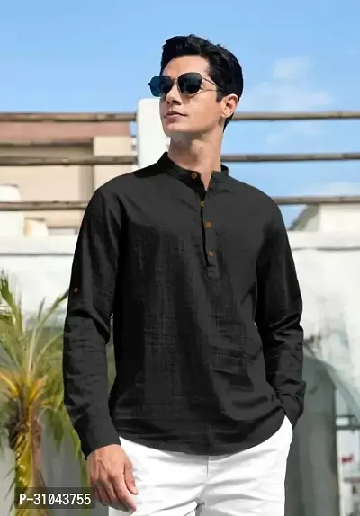 Reliable Black Cotton Linen Solid Kurta For Men-thumb3