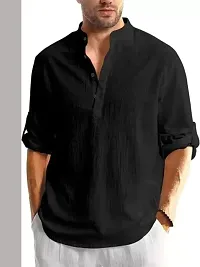 Reliable Black Cotton Linen Solid Kurta For Men-thumb1