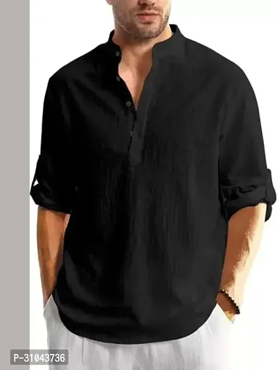 Reliable Black Cotton Linen Solid Kurta For Men-thumb2