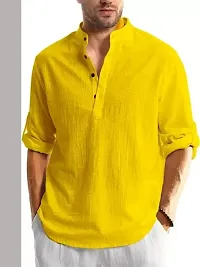 Reliable Yellow Cotton Linen Solid Kurta For Men-thumb1