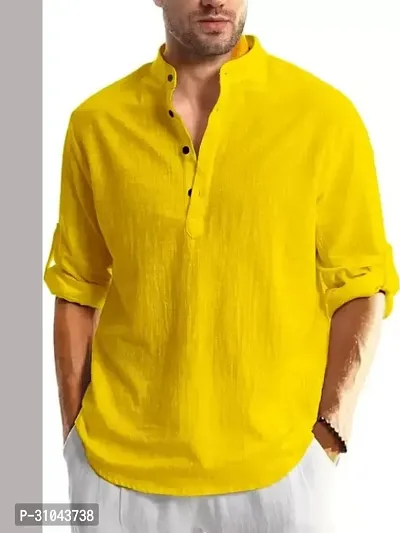 Reliable Yellow Cotton Linen Solid Kurta For Men-thumb2