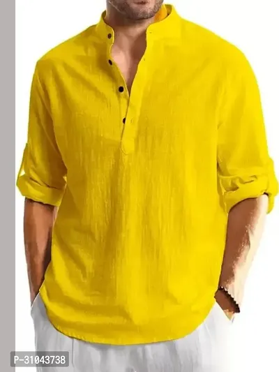 Reliable Yellow Cotton Linen Solid Kurta For Men-thumb0