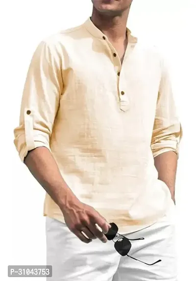 Reliable Beige Cotton Linen Solid Kurta For Men-thumb0