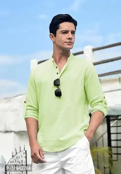 Reliable Green Cotton Linen Solid Kurta For Men-thumb3