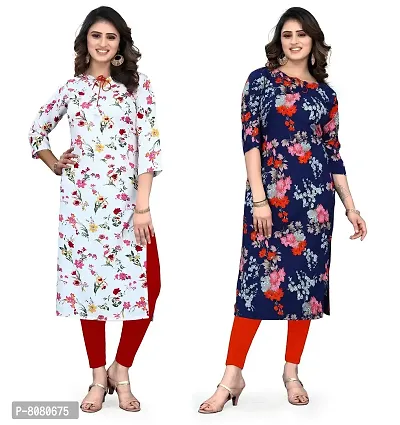 Ms Vhck Enterprise Women Crepe Regular Kurta (Ac-08-White Blue Combo Kurti-L_White, Blue_Large)-thumb0