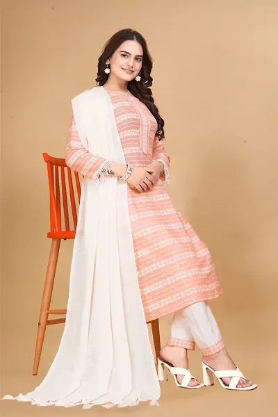 Stylish Cotton Woven Kurta Bottom Dupatta Set