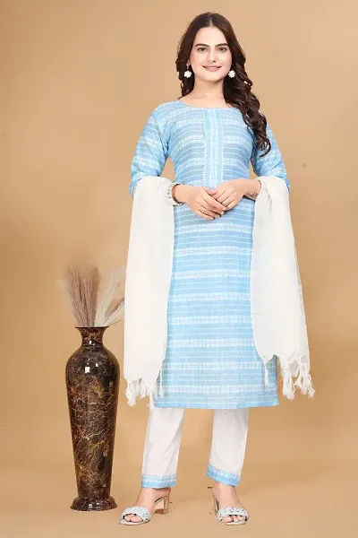 Stylish Cotton A-Line Kurta With Bottom and Dupatta Set