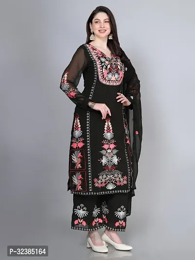 Stylish Black Georgette Embroidered Kurta With Pant And Dupatta Set For Women-thumb3