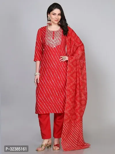 Stylish Red Rayon Embroidered Kurta With Pant And Dupatta Set For Women