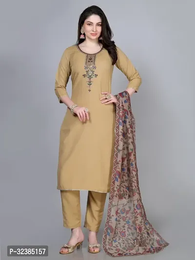 Stylish Beige Rayon Embroidered Kurta With Pant And Dupatta Set For Women