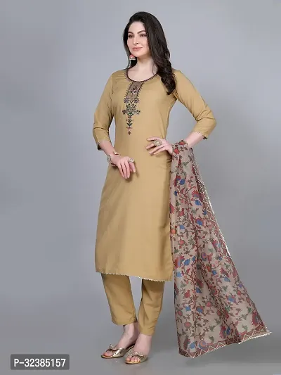 Stylish Beige Rayon Embroidered Kurta With Pant And Dupatta Set For Women-thumb3