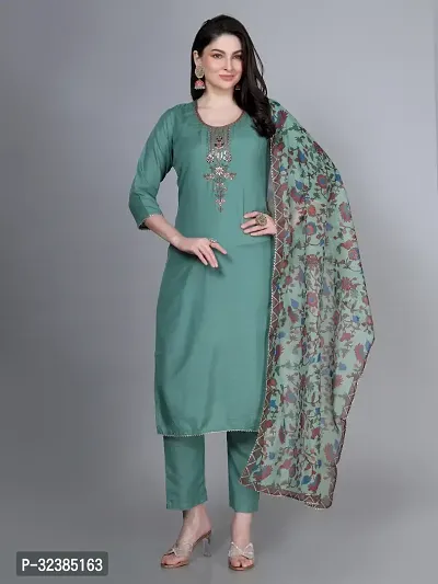 Stylish Green Rayon Embroidered Kurta With Pant And Dupatta Set For Women