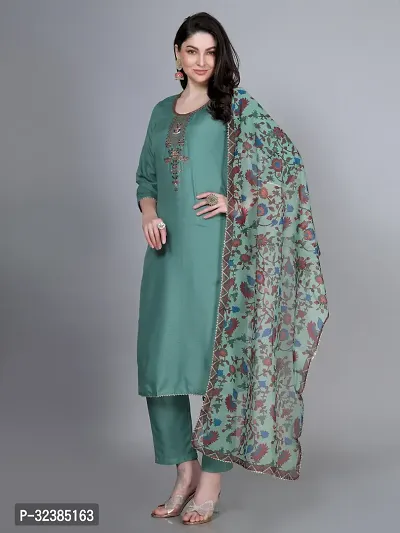 Stylish Green Rayon Embroidered Kurta With Pant And Dupatta Set For Women-thumb2