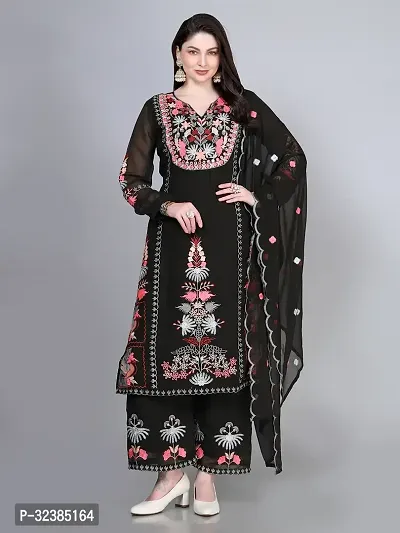 Stylish Black Georgette Embroidered Kurta With Pant And Dupatta Set For Women-thumb0