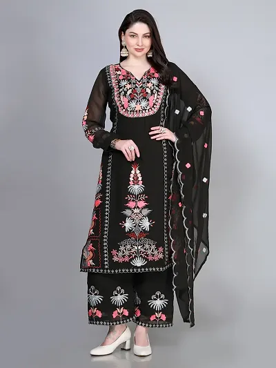 Stylish Georgette Embroidered Straight Kurtis Bottom and Dupatta Set