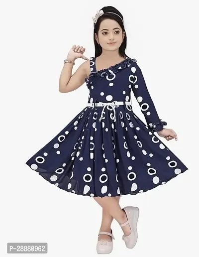 Stylish Navy Blue Rayon Printed Dresses For Girls-thumb0