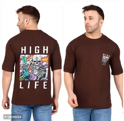 Elegant Brown Cotton Printed Round Neck Tees For Men