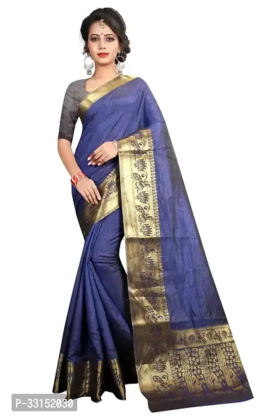 Stylish Navy Blue Silk Blend Saree With Blouse Piece For Women