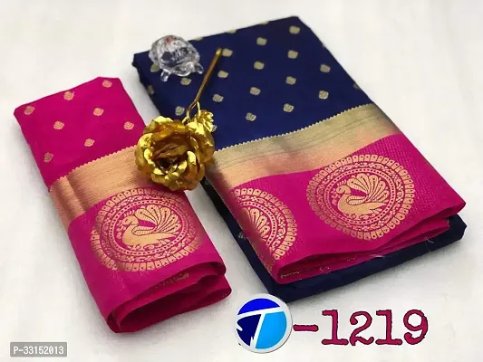 Stylish Navy Blue Silk Blend Saree With Blouse Piece For Women-thumb0