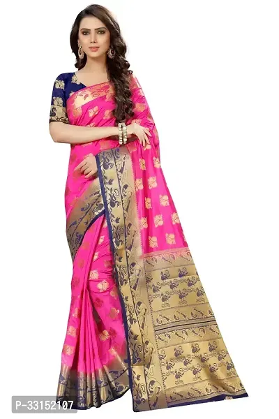 Stylish Pink Silk Blend Saree With Blouse Piece For Women