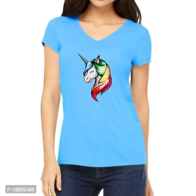 Elegant Blue Cotton Printed V-Neck T-Shirts For Women-thumb0