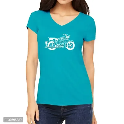 Elegant Blue Cotton Printed V-Neck T-Shirts For Women-thumb0