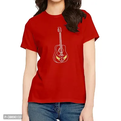 Elegant Red Cotton Printed Round Neck T-Shirts For Women