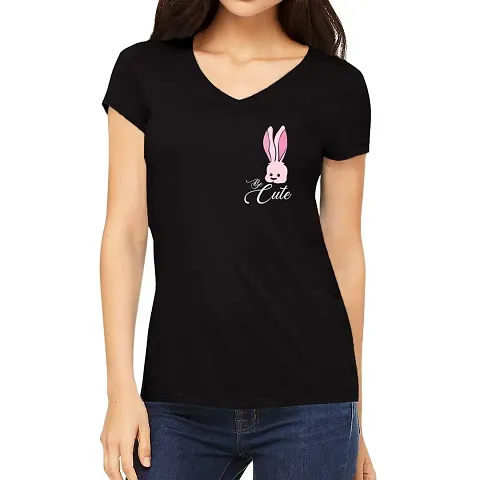 OPLU Women's Regular Fit Tshirt Be Cute Rabbit Cotton Printed V Neck Half Sleeves Multicolour T Shirt. Trending, Animal, Cute Pootlu Animal Tshirts