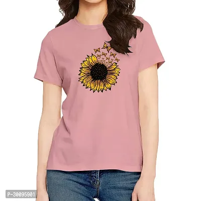 Elegant Pink Cotton Printed Round Neck T-Shirts For Women-thumb0